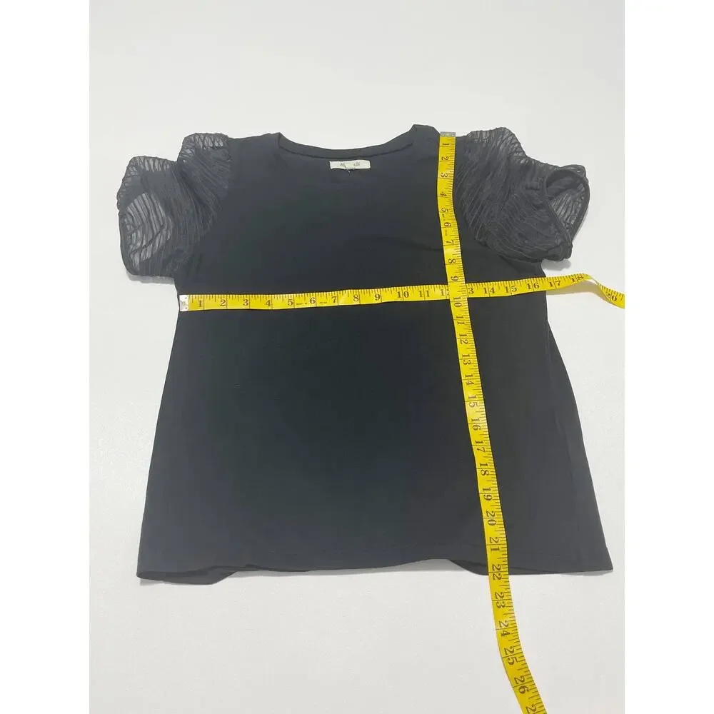 Madewell Striped Sheer Puff Sleeve Knit T-Shirt Crewneck Short Sleeve Black XS